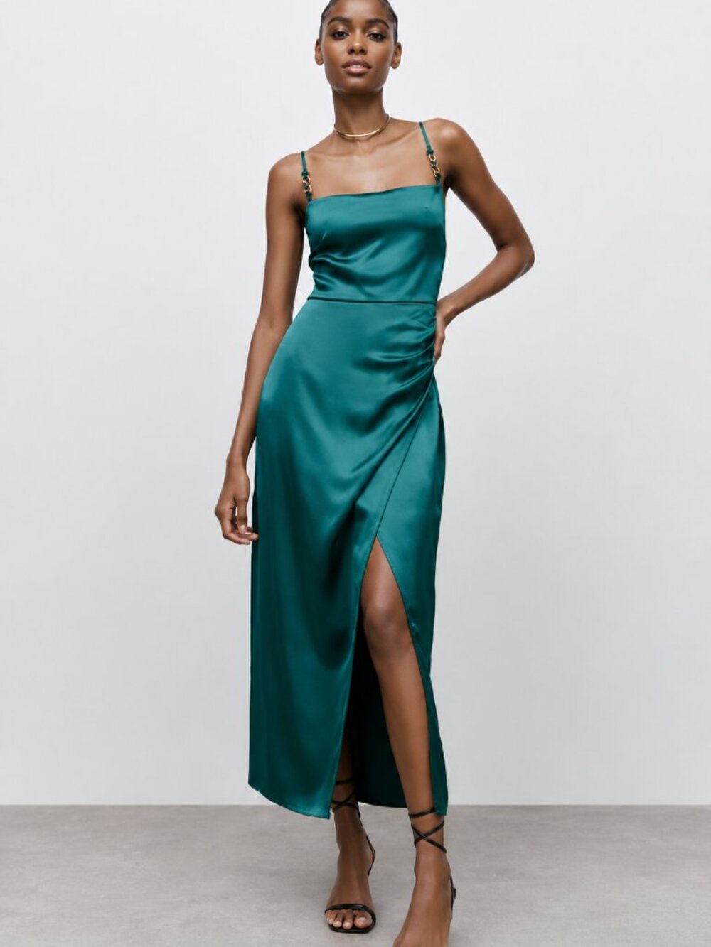 Zara Green Satin Slip Dress with Chain Straps - Extra Small